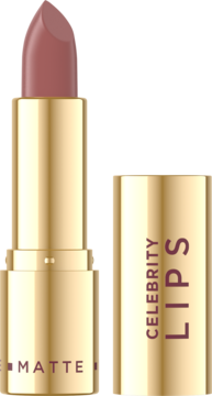 Golden Icon Matte pomadka w otwartej, złotej oprawce, matowy odcień brudnego różu, z napisem Celebrity Lips na skuwce.