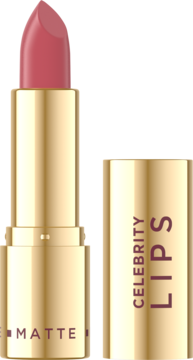 Otwarta matowa pomadka Eveline Celebrity Lips w odcieniu różu, z widocznym sztyftem i złotą zakrętką obok.