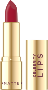 Intensywnie czerwona matowa pomadka Eveline Celebrity Lips Rush w złotej tubie z otwartą skuwką.
