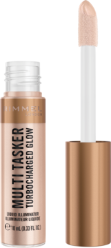 Rimmel London Multi Tasker Turbocharged Glow, płynny rozświetlacz w beżowo-złotym opakowaniu z wyciągniętym aplikatorem.