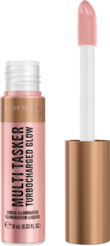 Rimmel Multi Tasker Turbocharged Glow Liquid Illuminator w różowej butelce ze złotą zakrętką, otwarty, z aplikatorem obok, widok z przodu.