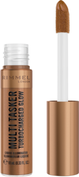 Rimmel Multi Tasker Turbocharged Glow, miedziany rozświetlacz w płynie, butelka z wysuniętym aplikatorem.