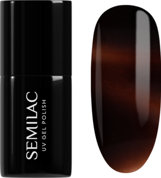 Semilac UV Gel Polish Jelly Cola, butelka i karmelowo-brązowy paznokieć z efektem glass nails.