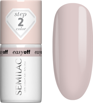 Butelka Semilac Easy Off LED Light Almond Milk z beżową nakrętką i lśniący, jasny paznokieć w odcieniu nude.