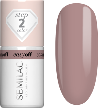 Semilac Easy Off LED Light Mocha Cream, butelka 'step 2 color' i owalny wzornik beżowego lakieru hybrydowego.