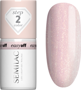 Lakier Semilac Easy Off Glazed Milk: butelka z białą etykietą i owalny swatch, mleczny róż z drobnym brokatem.