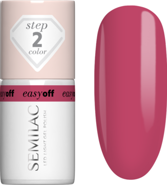 Lakier LED Semilac Easy Off w butelce, obok próbnik koloru Pink Coral, świeżego różu z nutą koralu.