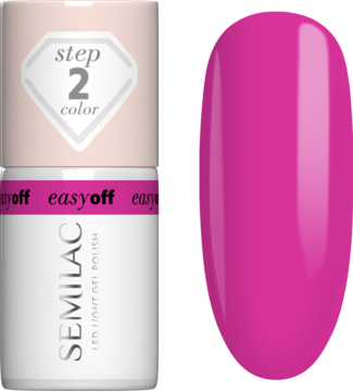 Lakier hybrydowy Semilac Easy Off LED Magenta Crush, butelka i obok wzornik w intensywnym fuksjowym różu.