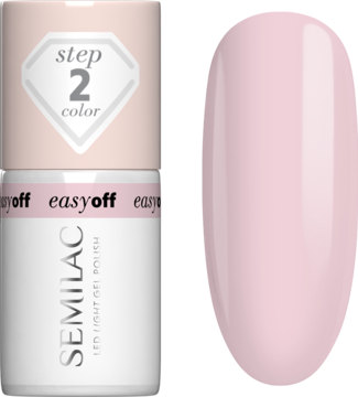 Semilac Easy Off LED Light, Pink Marshmallow. Butelka z napisem 'step 2 color' i wzornik pastelowego różu.