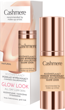 Podkład Cashmere Glow Look z kwasem hialuronowym w beżowej butelce z różowym złotem, obok kartonowe opakowanie, widok z przodu.