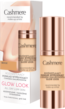 Cashmere Glow Look, beżowy rozświetlający podkład z kwasem hialuronowym. Widok butelki z pompką i pudełka.