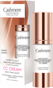 Cashmere CC Cream, nawilżający krem koloryzujący z niacynamidem, biała butelka i pudełko, widok z przodu.