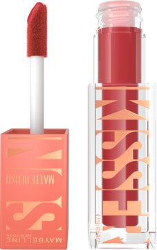 Maybelline Sunkissed Matte Blush, koralowy róż w płynie. Otwarty aplikator obok zamkniętej, przezroczystej butelki.