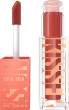 Maybelline Sun Matte Blush w koralowym odcieniu. Otwarty aplikator i zamknięta buteleczka widoczne obok.