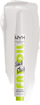 Biały błyszczący balsam do ust NYX Fat Oil Slick Click, w sztyfcie z neonowym napisem, widok z przodu.