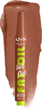 NYX Fat Oil Slick Click balsam w sztyfcie w odcieniu Feedworthy, brązowy z zielonymi napisami, na tle swatcha.