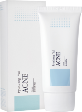 Pyunkang Yul Acne Cream 50ml, biała tuba i opakowanie z błękitnymi akcentami, dla skóry trądzikowej.