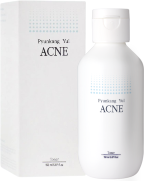 Pyunkang Yul Acne Toner do cery trądzikowej, biała butelka z niebieskimi kropkami, obok pudełka. Widok z przodu.