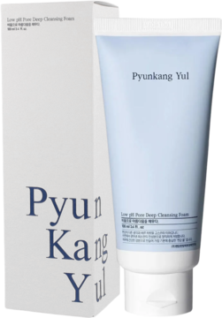 Pyunkang Yul Low pH Pore Deep Cleansing Foam w jasnoniebieskiej tubce, obok białe opakowanie, widok z przodu.