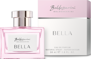 Damska Baldessarini Bella woda perfumowana 30ml, różowa butelka i białe pudełko, widok przód-bok.