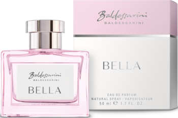Damska woda perfumowana Baldessarini Bella: różowy flakon ze srebrną nakrętką i pudełko, widok z przodu.