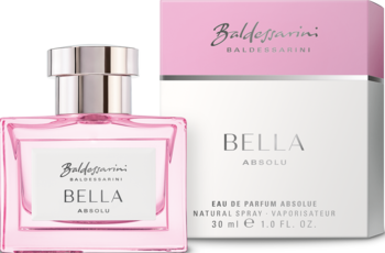 Różowa butelka Baldessarini Bella Absolu Eau de Parfum 30ml z srebrnym korkiem, obok jej biało-różowe pudełko.