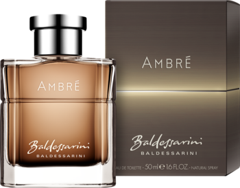 Baldessarini Ambré, męska woda toaletowa: bursztynowa butelka z srebrnym korkiem i eleganckie pudełko produktu.