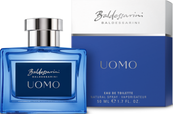 Baldessarini Uomo męska woda toaletowa 50ml, niebieska butelka i pudełko z logo. Widok z przodu na białym tle.