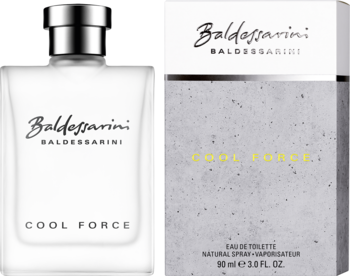Męska woda toaletowa Baldessarini Cool Force: butelka z srebrnym korkiem i biało-szare pudełko 90ml, widok z przodu.