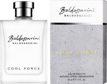 Baldessarini Cool Force woda toaletowa, biała butelka z metalową nakrętką i szare opakowanie widziane z przodu.