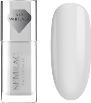 Biały lakier Semilac Nail Whitener w butelce, obok próbnika z rozjaśnionym i lśniącym paznokciem.