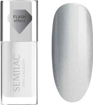 Lakier klasyczny Semilac Silver Chrome. Srebrny, lustrzany lakier i próbka na paznokciu, butelka Flash.