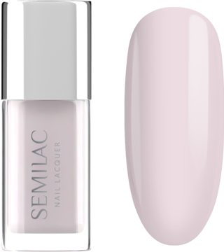 Lakier klasyczny Semilac Sheer Milky Pink: buteleczka i wzornik, półtransparentny różowy odcień na paznokciu.