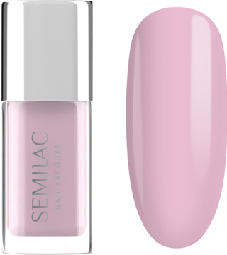 Lakier Semilac Sheer Vibrant Pink w kwadratowej butelce obok owalnego wzornika. Delikatny, półtransparentny róż z połyskiem.