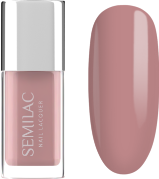 Semilac lakier klasyczny Classic Nude, butelka i wzornik w odcieniu brudnego różu z połyskiem.