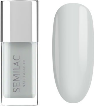 Lakier Semilac Classic White, intensywnie biały, w butelce obok błyszczącego wzornika koloru paznokci.