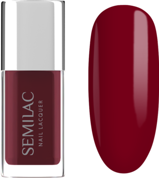 Lakier klasyczny Semilac Classic Red w butelce i wzornik. Głęboka, lśniąca czerwień na białym tle.