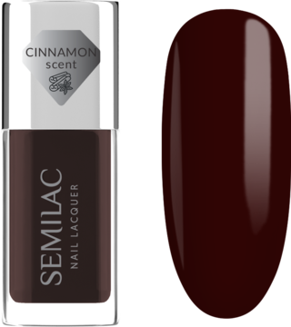Semilac Wine Red lakier do paznokci, butelka z cynamonowym zapachem obok błyszczącego, głębokiego burgundowego wzornika.