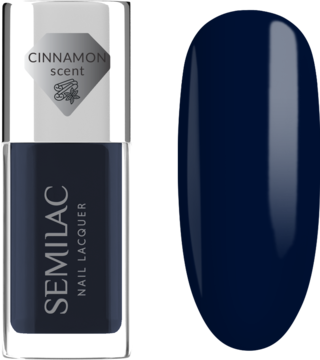 Lakier klasyczny Semilac Blue Ink (granat) cynamon, butelka i owalny wzornik koloru z naturalnym połyskiem.