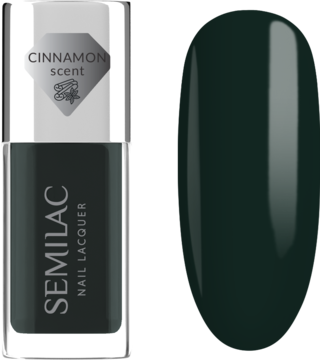 Semilac lakier Bottle Green, butelkowa zieleń o zapachu cynamonu, z przodu butelka i wzornik koloru.
