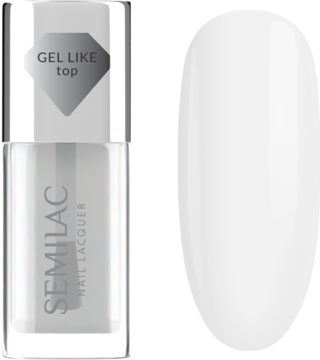 Semilac Gel Like Top, przezroczysta butelka top coatu z napisem 'GEL LIKE', obok błyszczący biały wzornik.