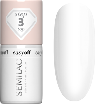 Semilac Easy Off top coat, biała butelka z różowym wiekiem i bezbarwna próbka lakieru na szarym tle.