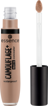 Jasny, wodoodporny korektor essence CAMOUFLAGE+ MATTE. Widok na tubkę z wyjętym aplikatorem.