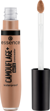 Beżowy korektor Essence Camouflage+ Matte Waterproof z aplikatorem, stojący pionowo, widoczne otwarte opakowanie.