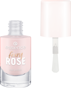 Lakier do paznokci Essence fairy ROSE 03, pastelowy róż. Szklana butelka z otwartym pędzelkiem, z przodu.