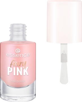 Lakier do paznokci essence fairy PINK 04, różowy z perłowym połyskiem. Otwarta butelka i pędzelek z przodu.