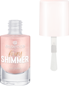 essence fairy SHIMMER lakier do paznokci 05, liliowy róż z złotym połyskiem, otwarta butelka z pędzelkiem.