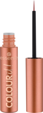 Essence COLOUR it! metaliczny eyeliner płynny 01 Burnished Bronze, otwarta butelka z aplikatorem.