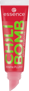 Czerwony błyszczyk Essence Chili Bomb shiny lipgloss Xtreme PLUMP w tubce z zielonymi napisami, widok z przodu.