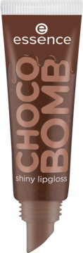 Brązowy błyszczyk essence CHOCO BOMB shiny lipgloss w tubce z połyskującymi drobinkami, widok z przodu.